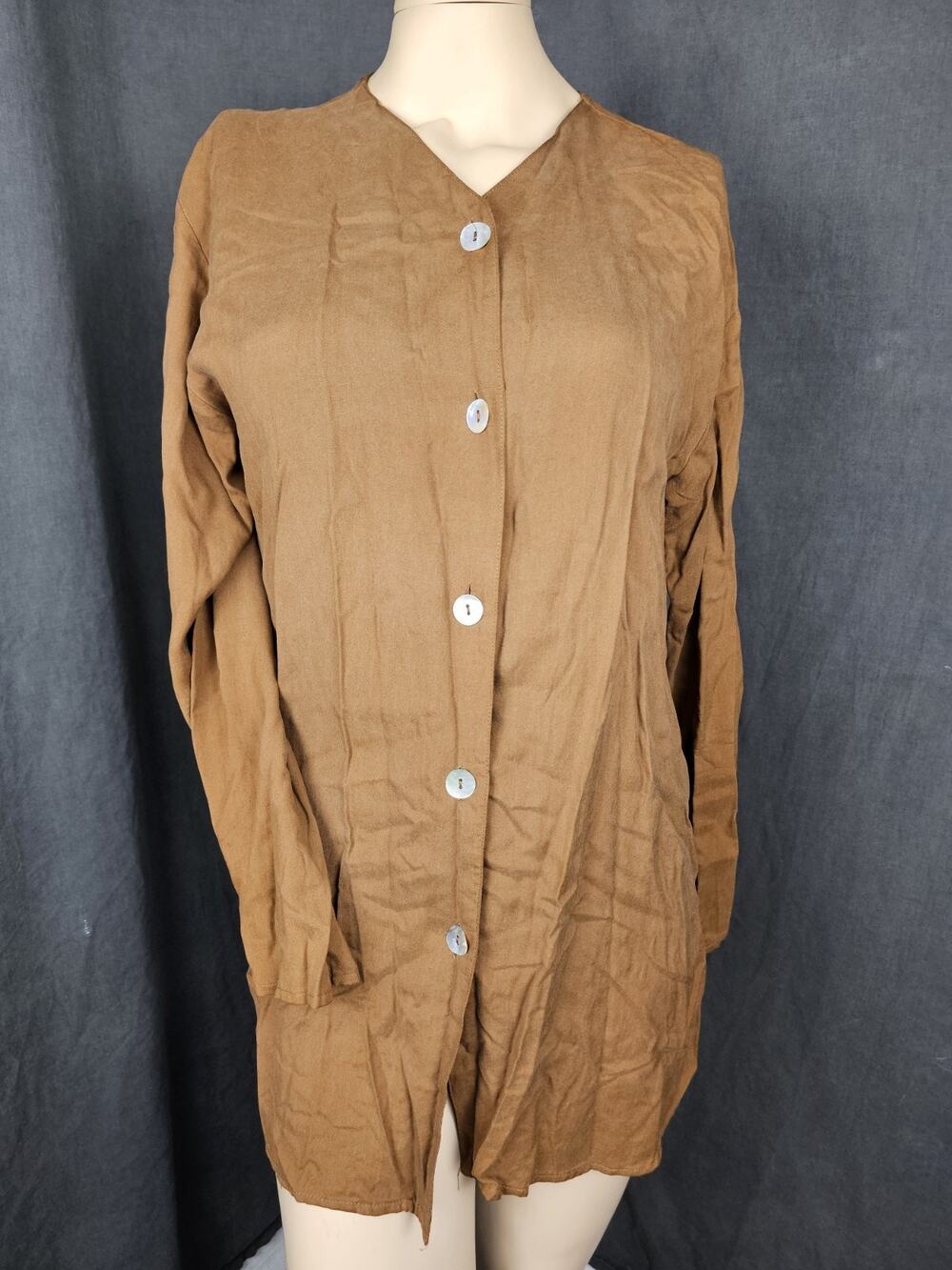 Vintage 100% Silk Button Up Blouse Jacket Small Brown Longline Shacket Career